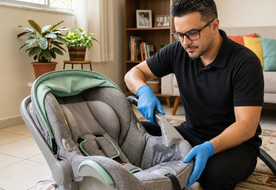 Técnico da Lava Tudo VIP limpando carrinho de bebê e bebê conforto